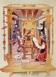 Interior de una imprenta del siglo XVI, copia de una miniatura de 